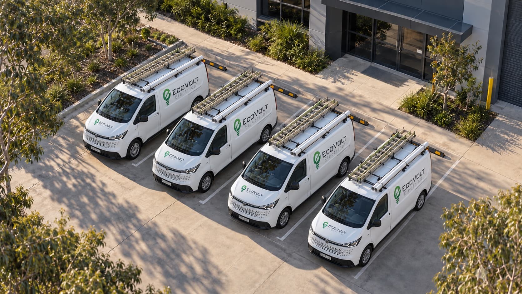 Ecovolt Electrical vans parked outside a commercial building