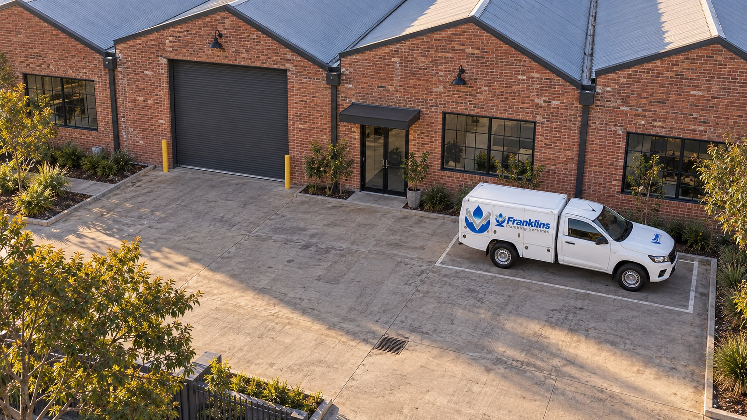 Franklins Plumbing Services ute parked outside a brick warehouse