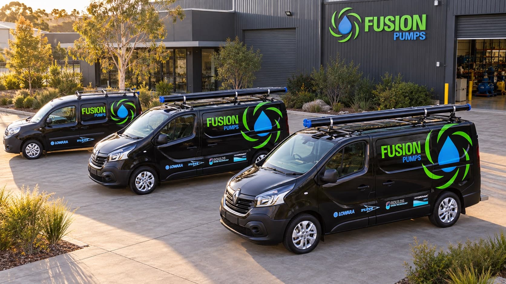Fusion Pumps service vans outside the Fusion Pumps building